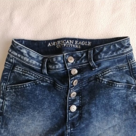 American Eagle Distressed High Waisted Blue Denim Shorts - Picture 2 of 7